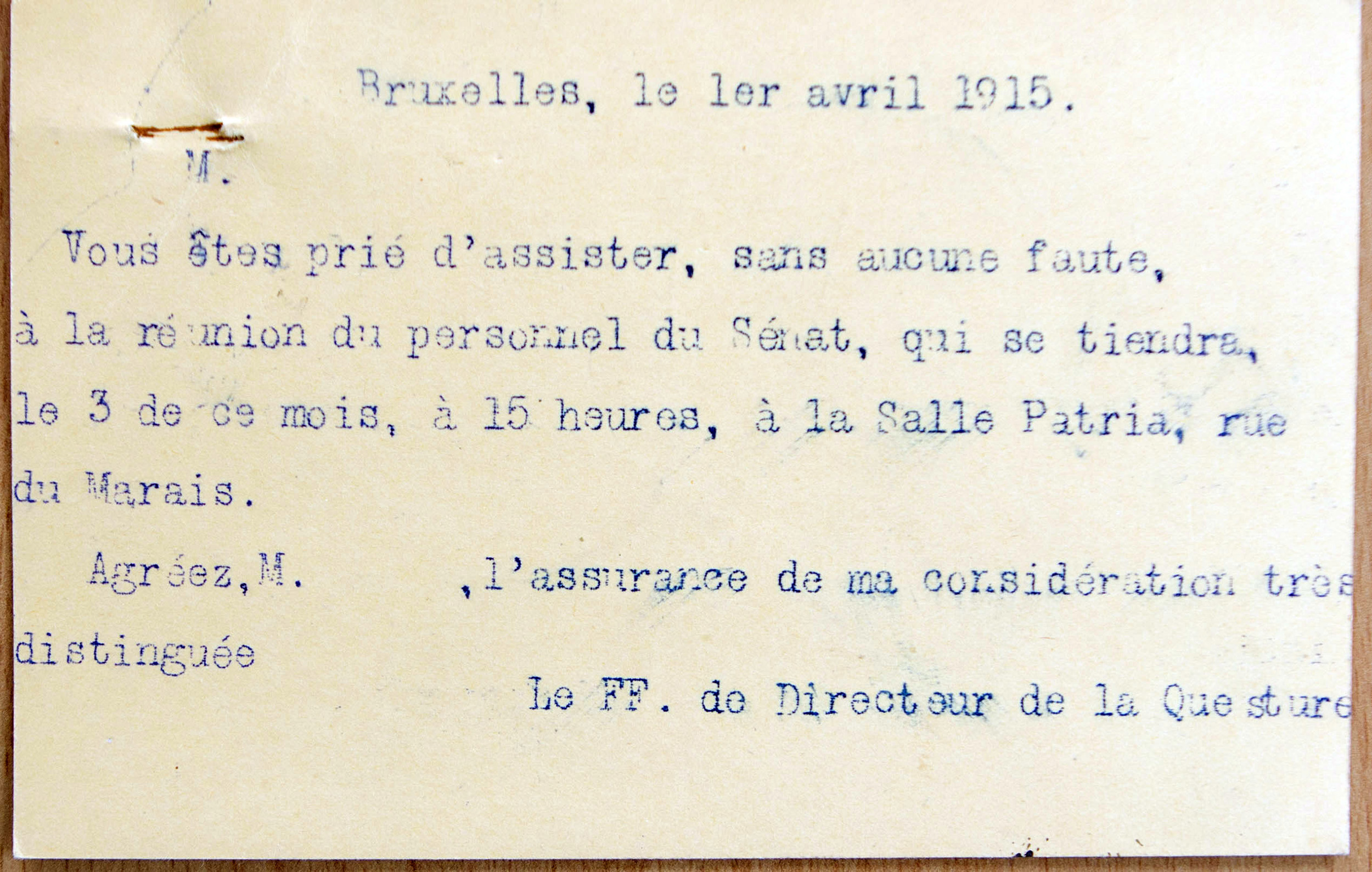 Convocation de Gaston Pulings  la runion du personnel du 3 avril 1915
