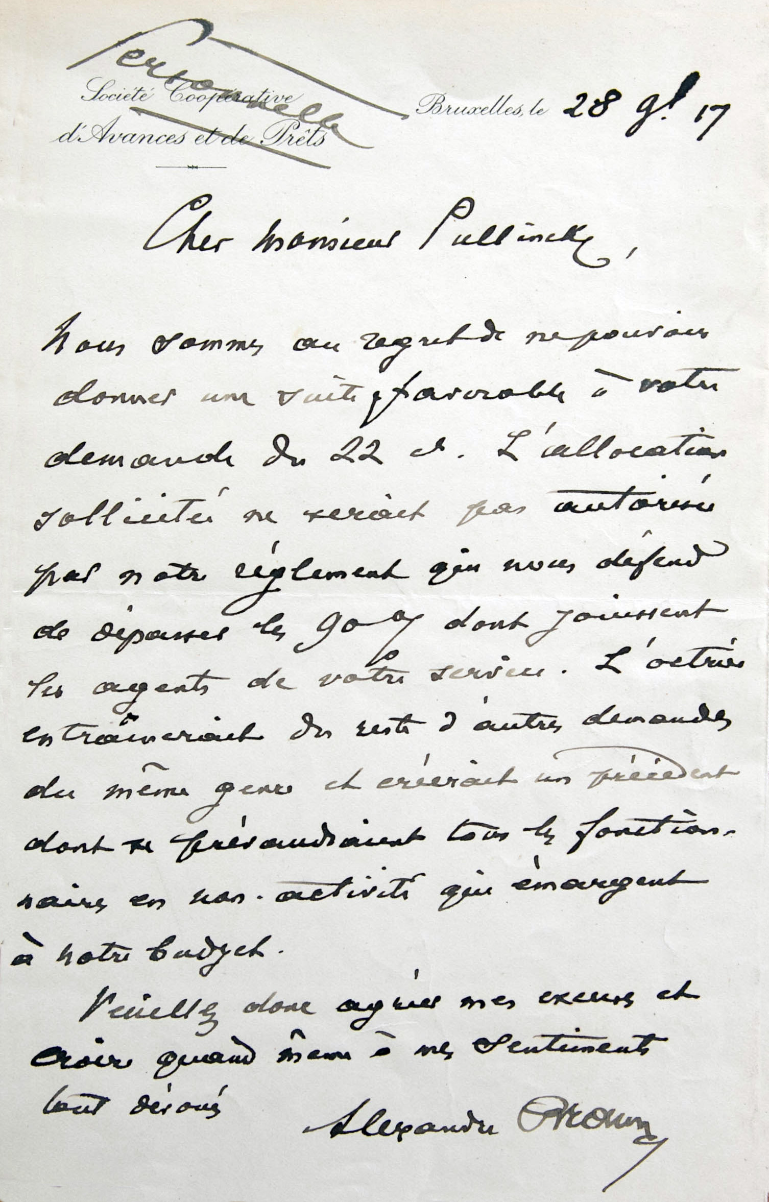 Lettre du snateur Alexandre Braun  Gaston Pulings, 28 novembre 1917