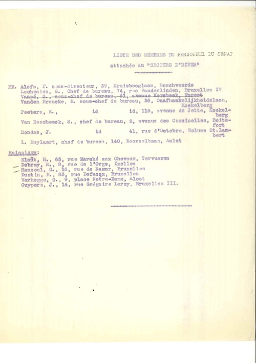 Liste avec, entre autres, le nom de Dustin en tant que membre du personnel du Snat mis  la disposition du Secours d'Hiver 