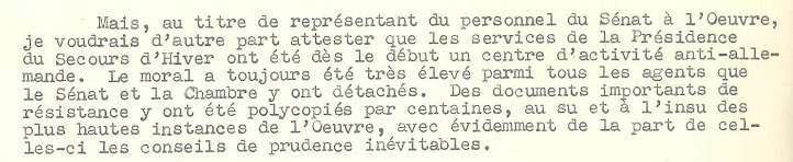 Aprs la guerre, le reprsentant du personnel du Snat auprs du Secours d'Hiver porte tmoignage des activits antiallemandes