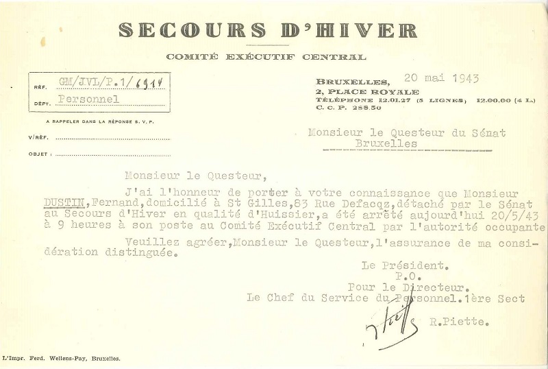 Le Secours d'Hiver informe le Snat de l'arrestation de Fernand Dustin le jour mme