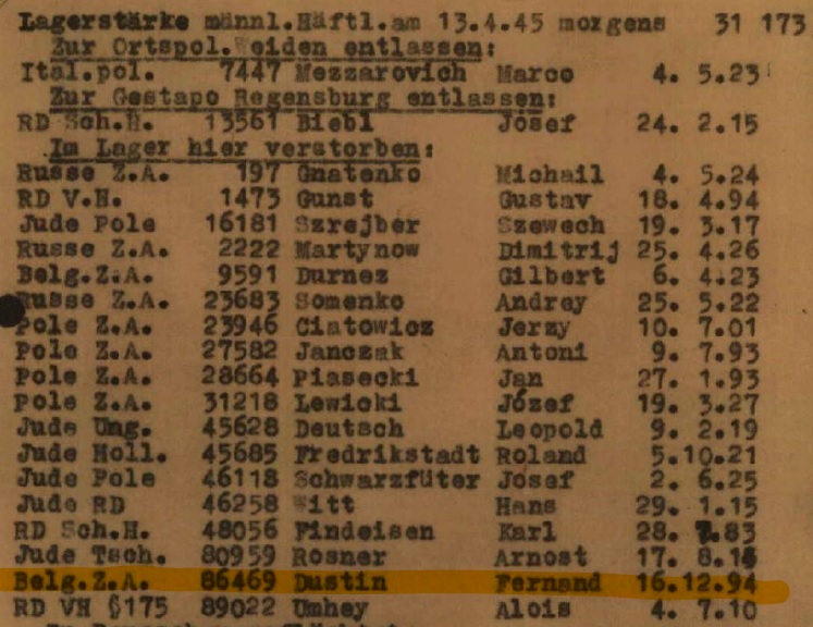 Het overlijden van Fernand Dustin zoals geregistreerd in het concentratiekamp van Flossenbrg