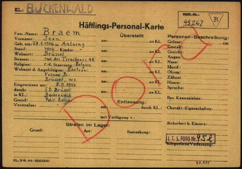 La fiche du prisonnier Jean Braem  Buchenwald fait mention de son transfert au complexe de Dora