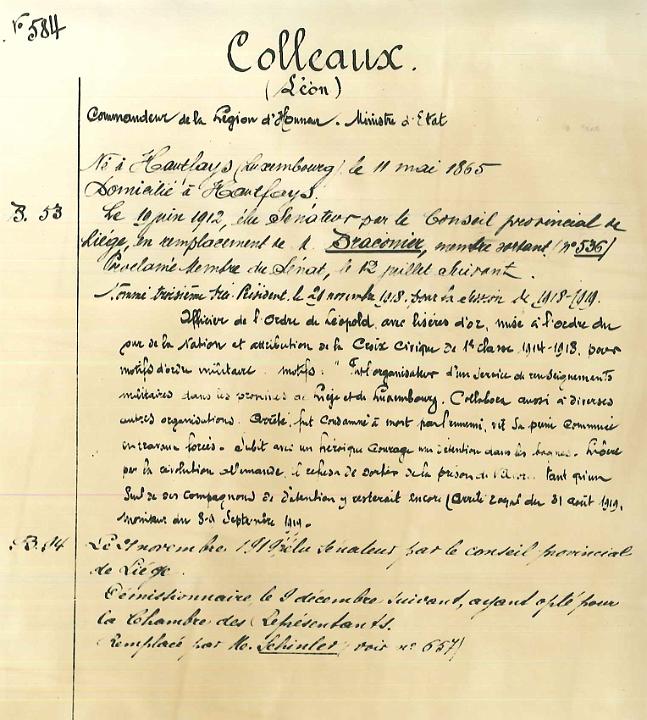 Uittreksel uit de biografische nota van senator Colleaux