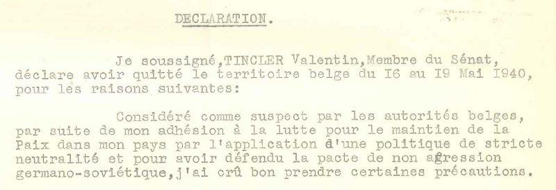 Extrait de la dclaration de Valentin Tincler au sujet de sa fuite de Belgique en mai 1940