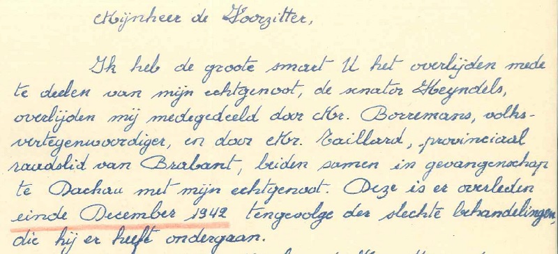 Isidore Heyndels, verklaring van zijn echtgenote, d.d. 21 juli 1945, van zijn overlijden op 23 december 1942, Dachau