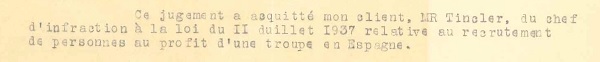 Preuve de l'acquittement de Valentin Tincler, accus d'tre en charge du recrutement de combattants pour la guerre civile espagnole, 1939