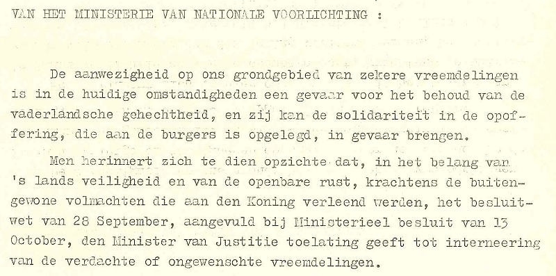 Mededeling van het ministerie van Nationale voorlichting over de internering van verdachte of ongewenste vreemdelingen, 1939 (uittreksel)