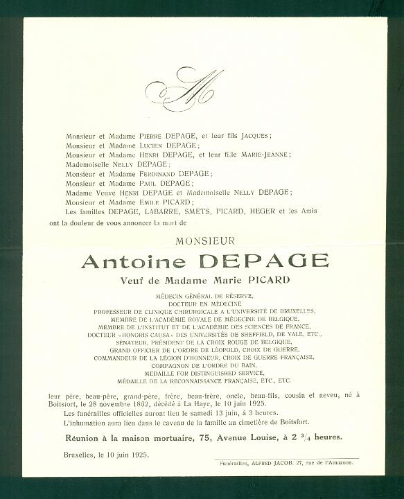 Faire-part du dcs d'Antoine Depage