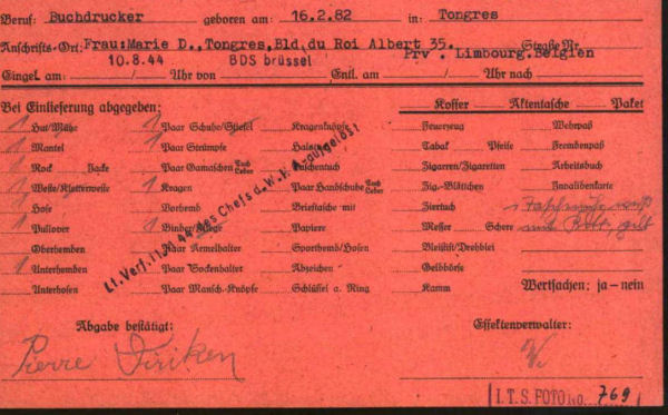 document met de persoonlijke spullen die Diriken na zijn aankomst in Buchenwald moet afgeven