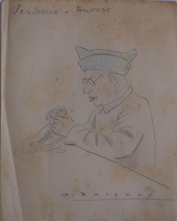 tekening door Georges Despaux van Isaac Serlui, een Antwerpse diamantslijper van Joodse afkomst die kousen stopt in Buchenwald