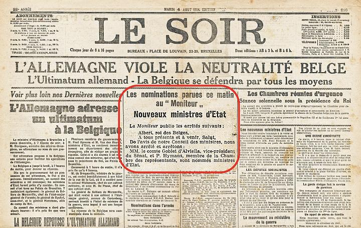 La Une du journal  Le Soir du 4 août 1914, annonçant l'invasion de la Belgique.