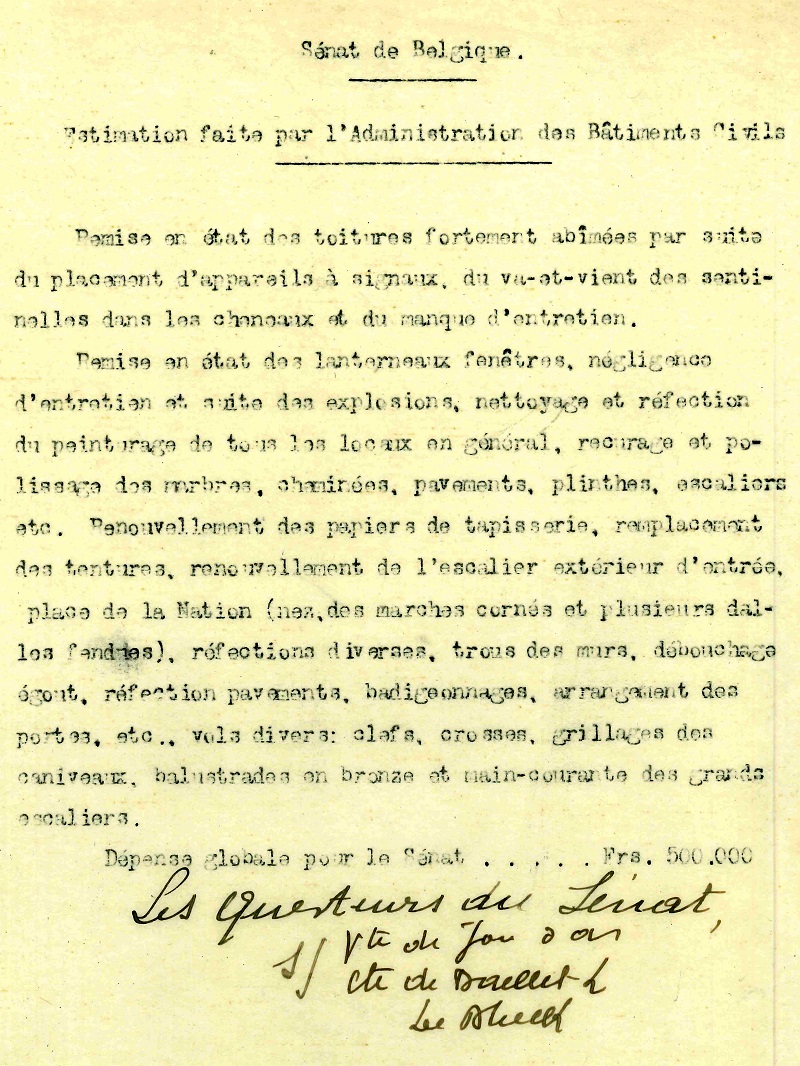 Notes concernant les travaux de restauration ncessaires au Palais de la Nation aprs la 1e Guerre Mondiale