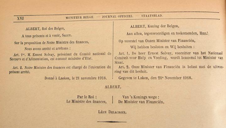 Publication au Moniteur belge de la nomination de Ernest Solvay comme Ministre d’Etat