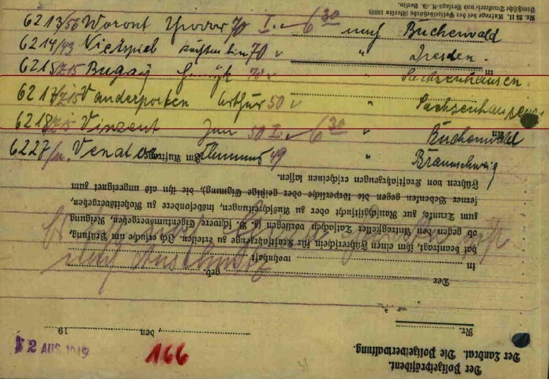 Liste de noms de prisonniers indiquant leur destination, 1943.