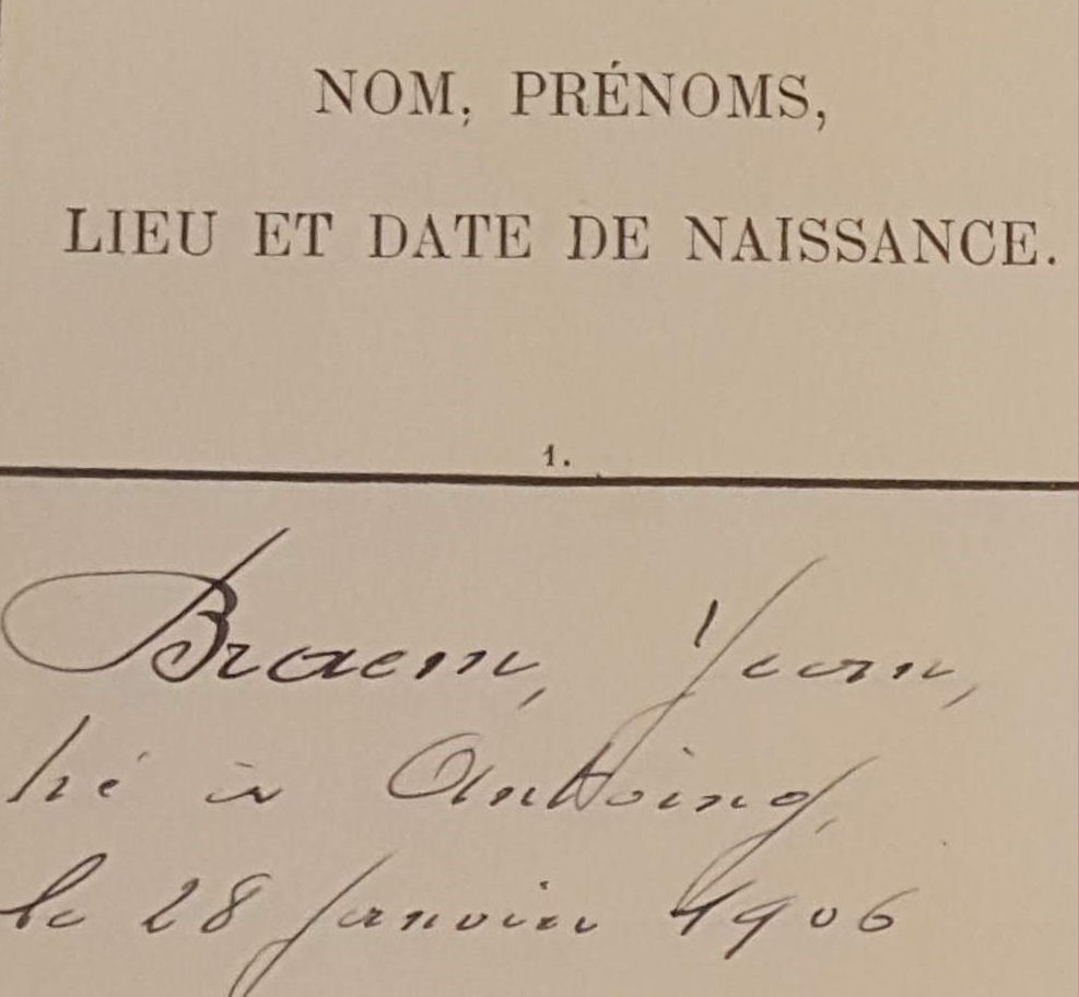 Jean Braem, inscription dans le registre du personnel du Snat