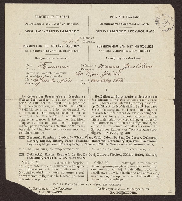 Bulletin de vote - Archives de la ville de Bruxelles