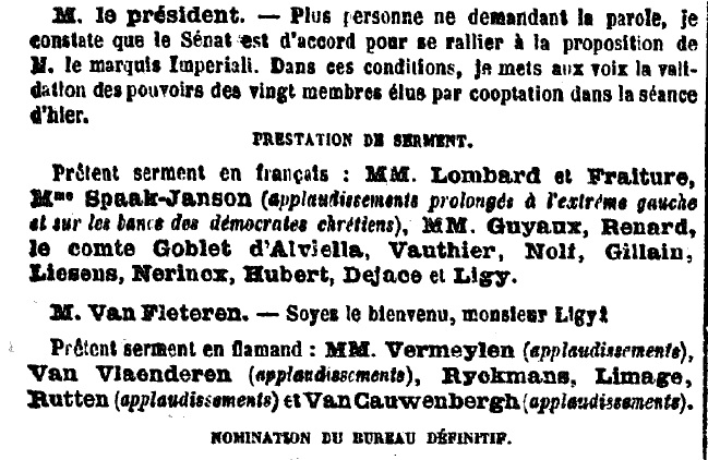 Eedaflegging - Extrait des Annales parlementaires du Sénat de Belgique du 28 décembre 1921